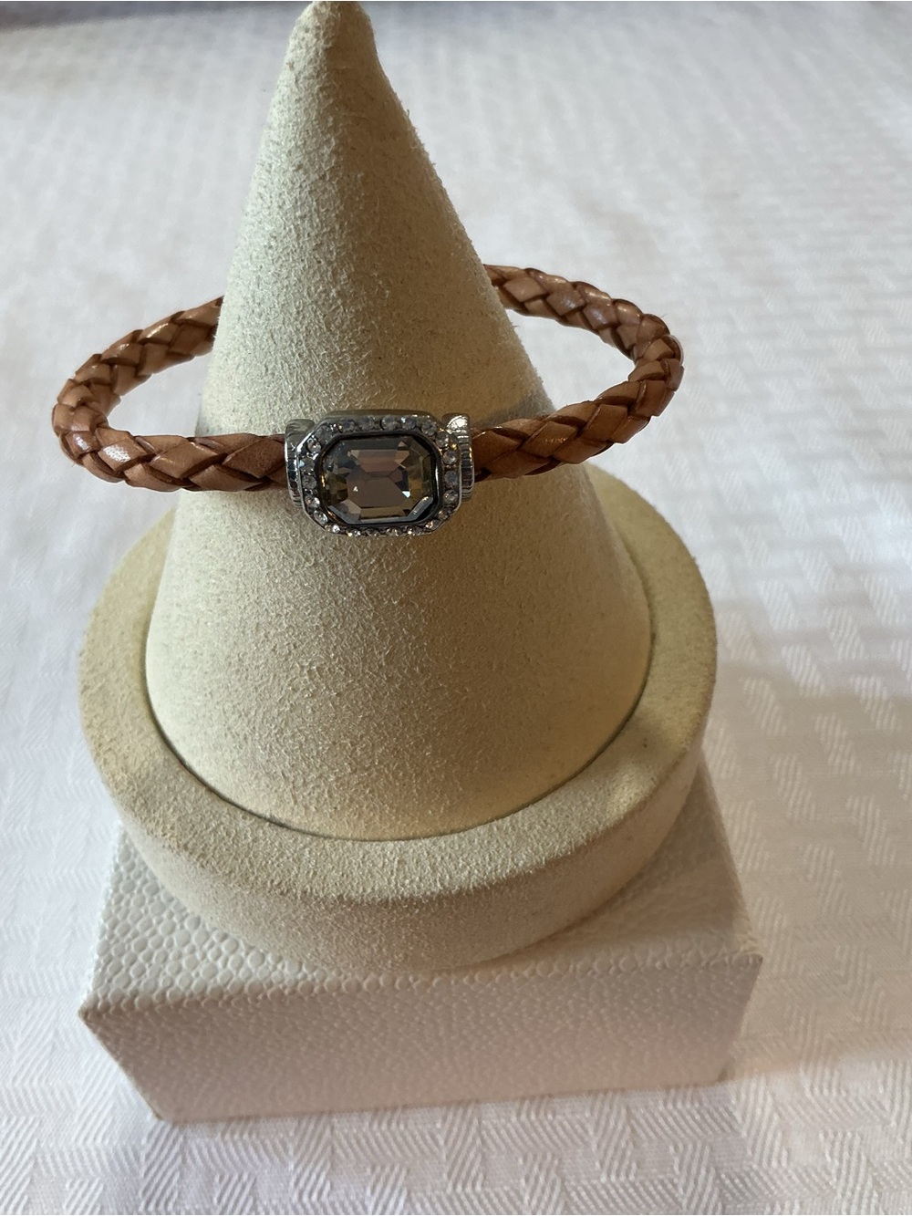 Tan raided Leather Rhinestone Slider Silver Tone Bracelet